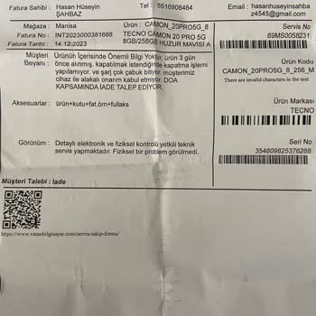 Vatan Bilgisayar 14.12.2023 Fatura Tarihli Tecno Camon 20 Pro 5G Telefonun Arızası