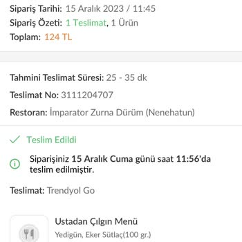 Zurna Dürüm Trendyol GO Eksik Ürün