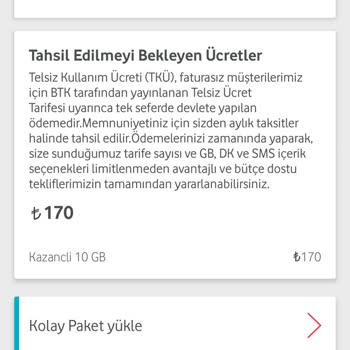 Vodafone Tahsil Edilmeyi Bekleyen Ücret