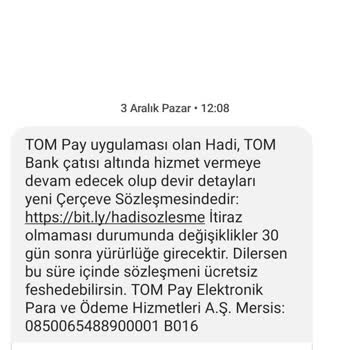 Hadi TOM Pay Hadi Kart Sözleşme İptali Sorunu