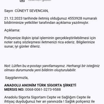 Anadolu Sigorta Cayma Hakkımı Kullandırmıyor