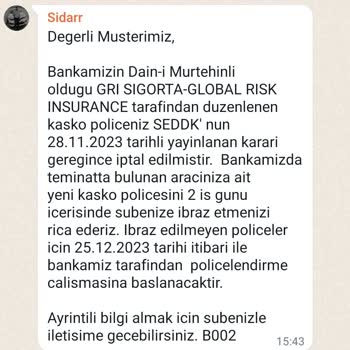 Gri Sigorta Arabamın Kaskosu İptal Edilmiş