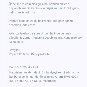 Papara Kapatılan Hesabımdaki Bakiye Gönderilmiyor