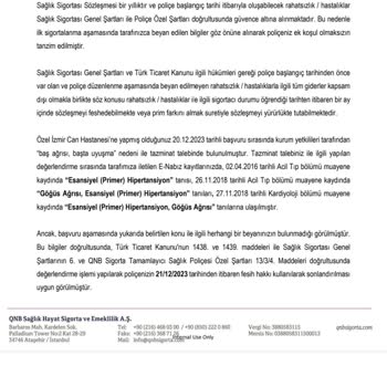 QNB Sigorta Tamamlayıcı Sağlık Sigortasını Sebepsiz Feshediyor