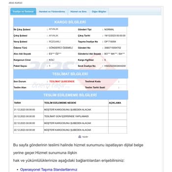 Aras Kargo Rüzgarlı Şubesi Kargo Hizmeti Sorunu