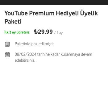 Vodafone Hediye Verilen Youtube Üyeliğimin İptal Edilmesi