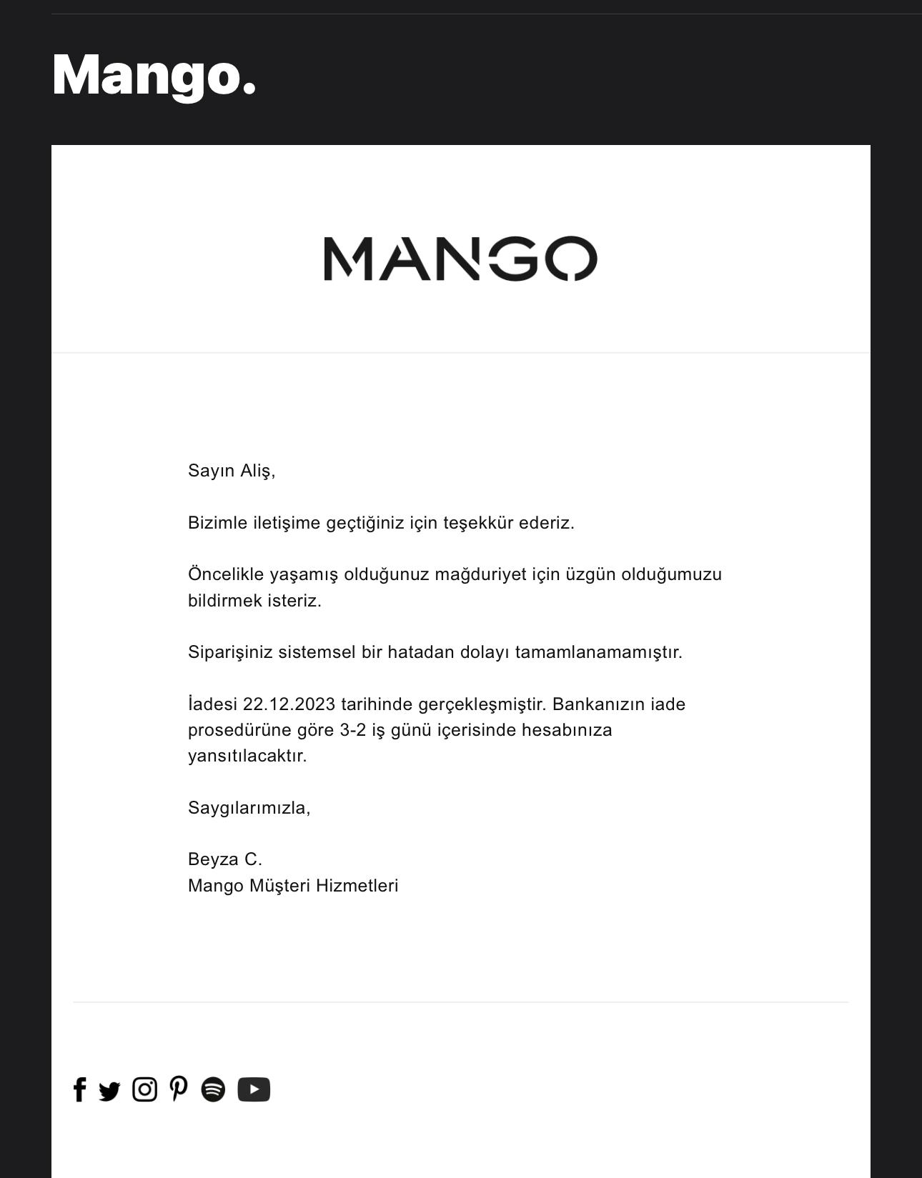 Mango Online Sorumsuzsa Sipariş İptali Şikayetvar