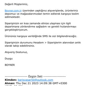 Boyner Siparişim Kargoya Verilmiyor