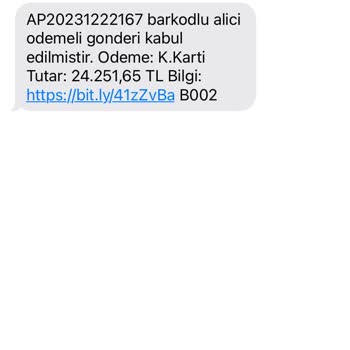 PTT Kargo Alıcı Ödemeli Gönderi Kabul Edilmiştir Mesajı