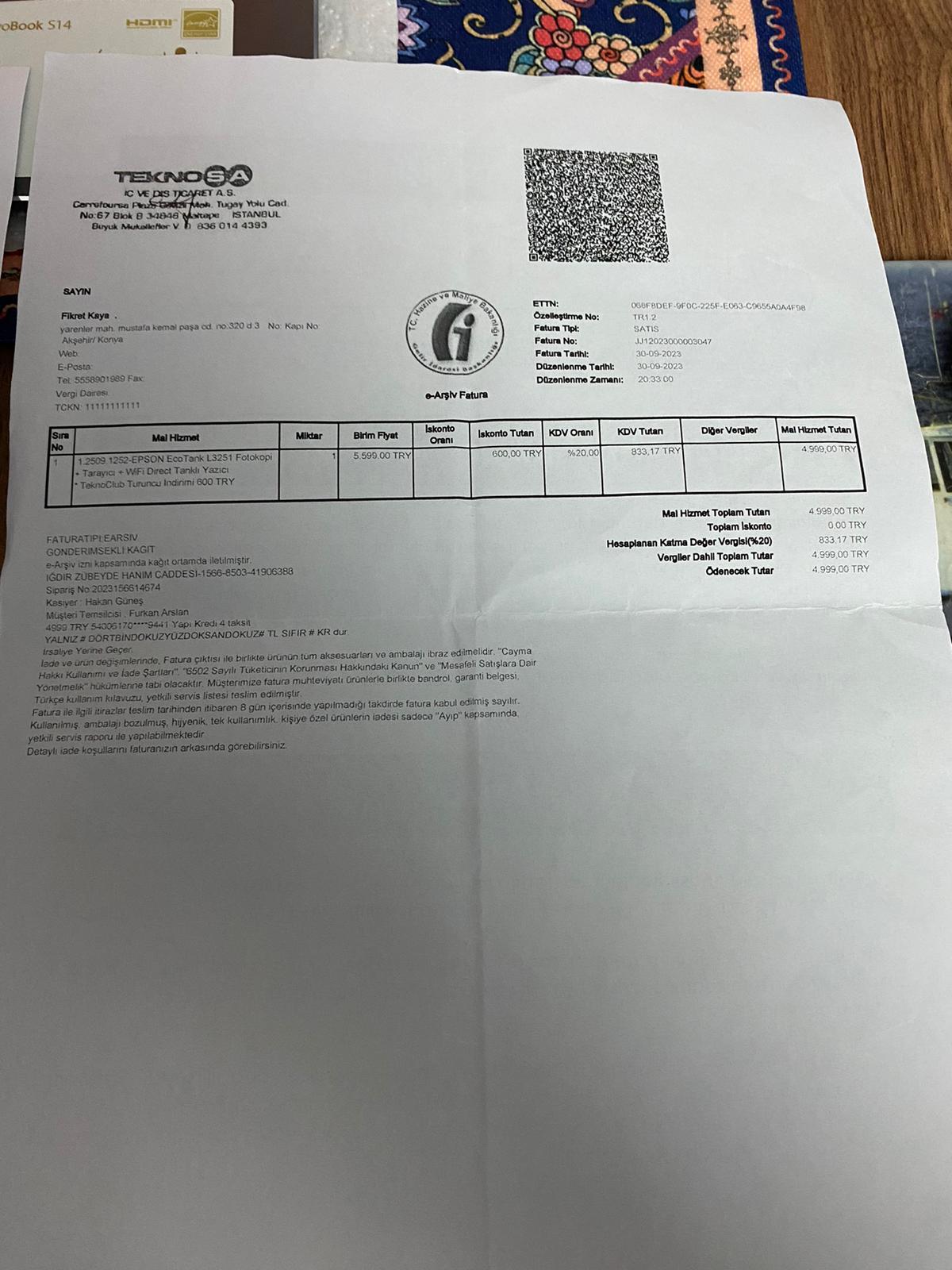 Teknosa Epson L 3251 Marka Yazıcı - Şikayetvar