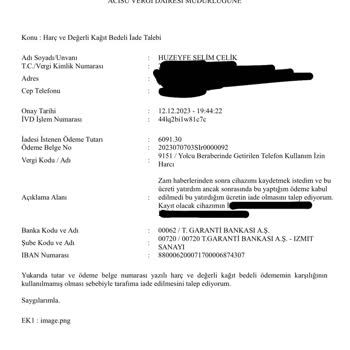 Gelir İdaresi Başkanlığı Telefon Vergi Ücretini Nakden İade İstedim KYK Vergi Borca Yansıtıldı