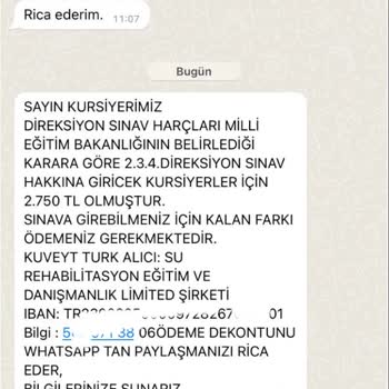 Milli Eğitim Bakanlığı (MEB) Su Sürücü Kursu Haksız Ücret Talebi