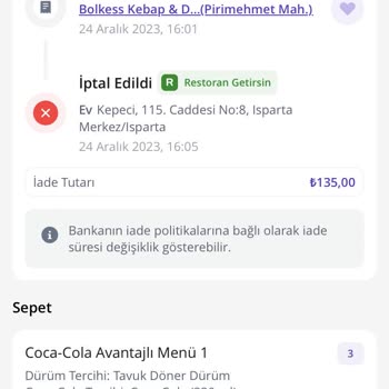 Getir Yemek İade Yapmıyor