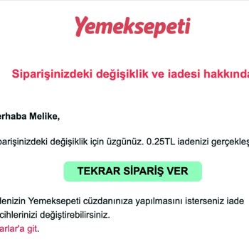 Yemeksepeti Yanlış Ürün Gönderimi