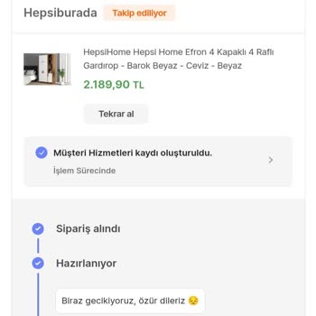 Hepsiburada 1 Aydır Kargolanmayan Gardırop Siparişi
