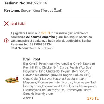 Trendyol Yemek Burger King Ücret İadesi Yapılmıyor