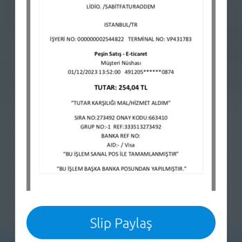 Lidio Bilgim Dışında Kredi Kartımdan 254 TL Çekim Yapmış.
