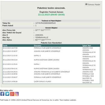 UPS Türkiye Paketimi Teslim Etmeyip Teslim Gününde İade Olarak Geri Gönderdiler.