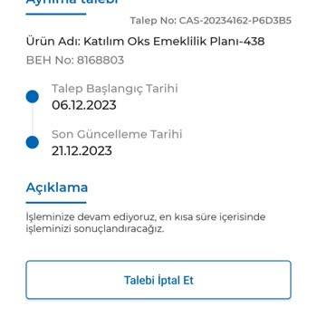 Anadolu Hayat Emeklilik Şirketi Ayrılma Talebi
