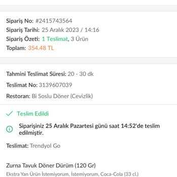 Trendyol Yemek Eksik Sipariş İade Talebi Reddedildi