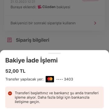 Yemeksepeti Cüzdandaki Bakiyemi Kartıma İade Alamıyorum.