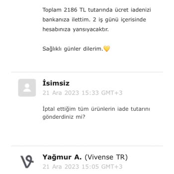 Vivense'nin İptal Ettiğim Ürünlerin Parasını İade Etmemesi