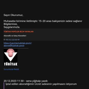 TÜBİTAK Ücret İadesi Yapmıyor