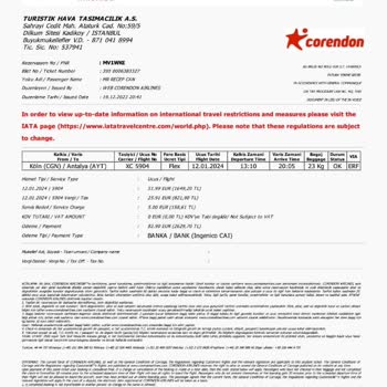 Corendon Airlines Bilet İptali Ücret İadesi