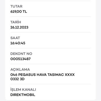 Pegasus Kabin Bagajı Hakkim İçin Alınan Ekstra Ödeme