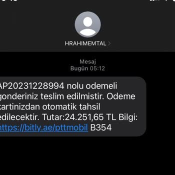 PTT Kargo PTT'den Dahilim Dışında Ödeme Mesajı Aldım