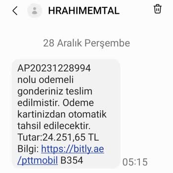 PTT Kargo Otomatik Ödeme İşlemine İlişkin Asılsız Mesaj Şikayeti