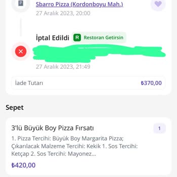 Getir Uygulama Üzerinden Verilen Siparişin Teslim Edilmemesi