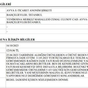 Avva Ürün İadesi Veya Bedeli Geri Ödeme İşlemi Yapmıyor