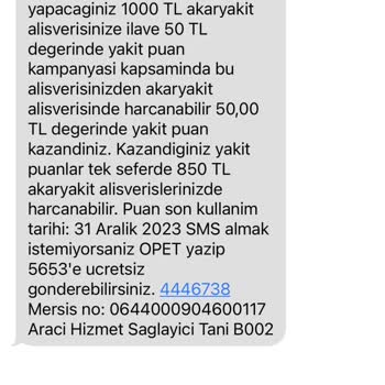 Opet'in 50 TL Yakıt Puanı Kullandırmaması!