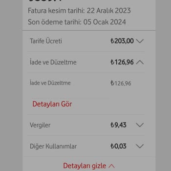 Vodafone İade Ve Düzeltme Bedeli Adı Altında Aşırı Yüksek Gelen Fatura Tutarı