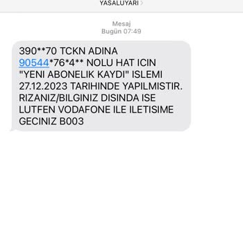 Vodafone Yasal Uyarı Yeni Hat Mesajı