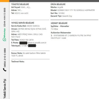 Arçelik Servisinin Ederinden Çok Fazla Ücret Alması