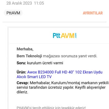 Awox. 40. Inc. TV. Kurulum. Ücreti 300 TL Haksız Yere Alınıyor