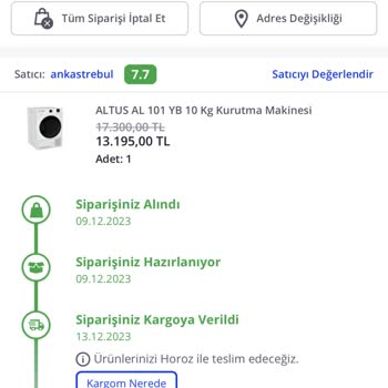 Altus Sipariş Edilen Ürünün Teslimatında Yaşanan Sorunlar