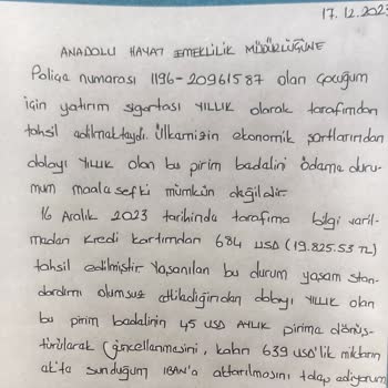 Anadolu Hayat Emeklilik Pirim İadesi Yapılmadı