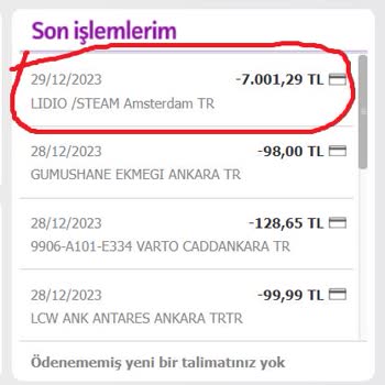 Lidio Ödeme Hizmetleri Kredi Kartımdan Bilgi Dışı Harcama