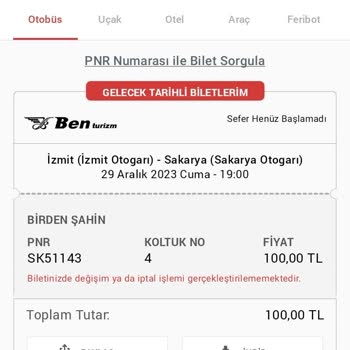 Ben Turizm Sefer Saati Bilet İptali