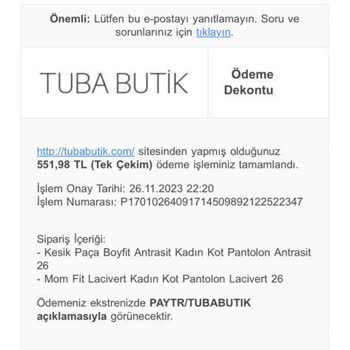 Tuba Butik 23 İş Günü Geçti Para İademi Yapmıyor!