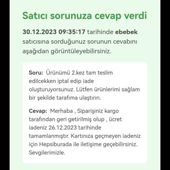 Ebebek Ürünümü 2. Kez Teslim Etmiyor