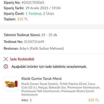 Arby's Ümraniye'de Fast Food Restoranı Gecikme Şikayeti