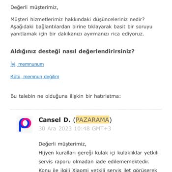 Pazarama Alışveriş Deneyimi Memnuniyetsizliği