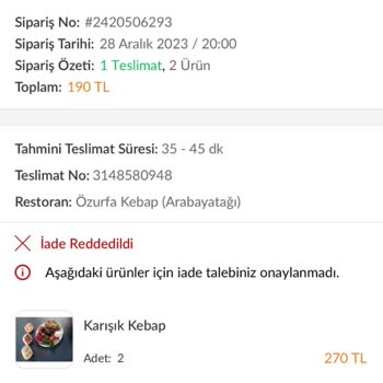 Trendyol Yemek Teslim Edilmeyen Yemeğin Ödeme İadesi Talebi