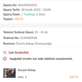 Trendyol Yemek Teslim Edilmeyen Yemeğin Ödeme İadesi Talebi