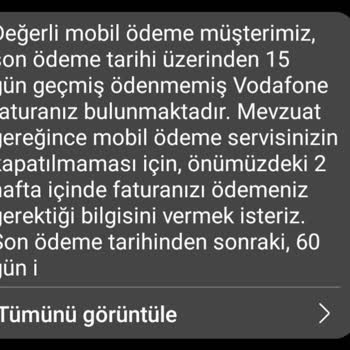 Vodafone Pay Ödenmemiş Fatura Mesajı