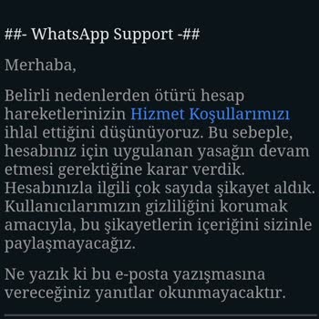 WhatsApp İhlal Yapmadım Hesabımı Yasaklamaya Hakkınız Yok